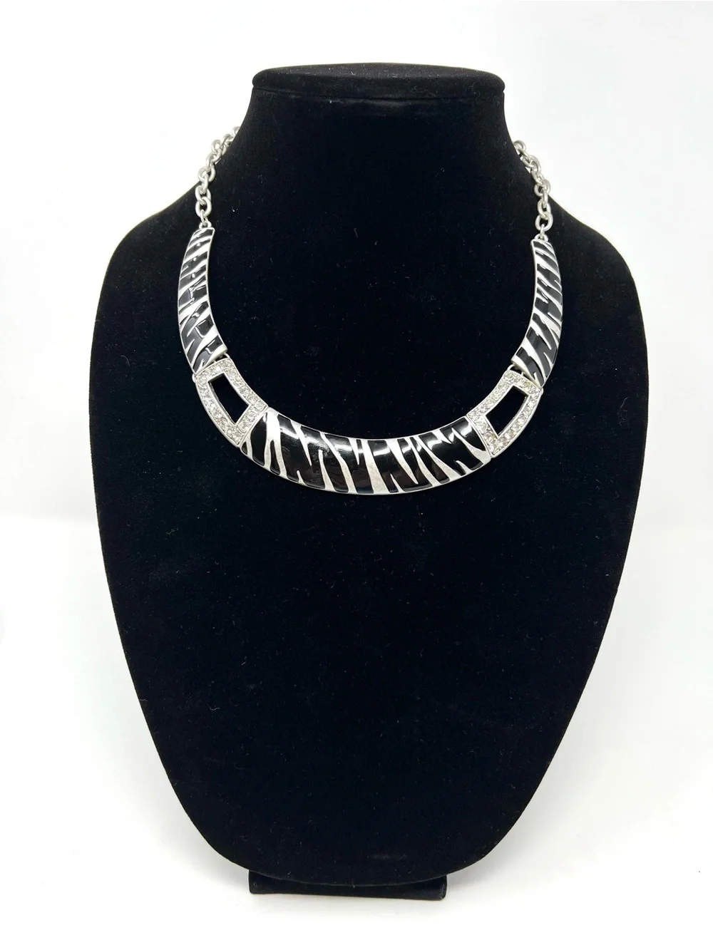 Vintage Silver Collar Necklace with Black Zebra Stripes